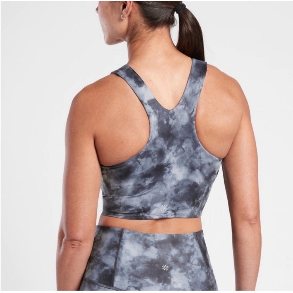 Athleta Conscious Cropped longer length sports bra in blue/gray tie dye. Size: S - Picture 2 of 11